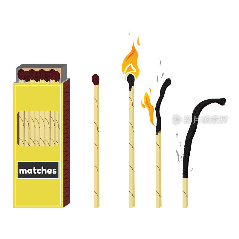 Vector illustration of long fireplace matches. Burning and burnt match sticks